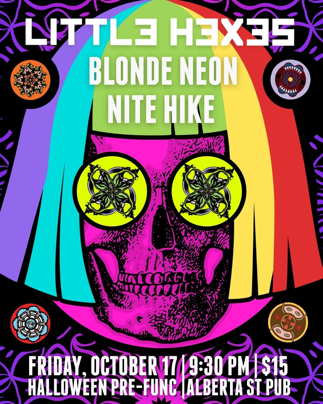 Little Hexes Alberta Street (Instagram Post (45))-2 Show poster Little Hexes, Blonde Neon and Nite Hike black light poster style skull with rainbow hair and hex signs for eyeballs
