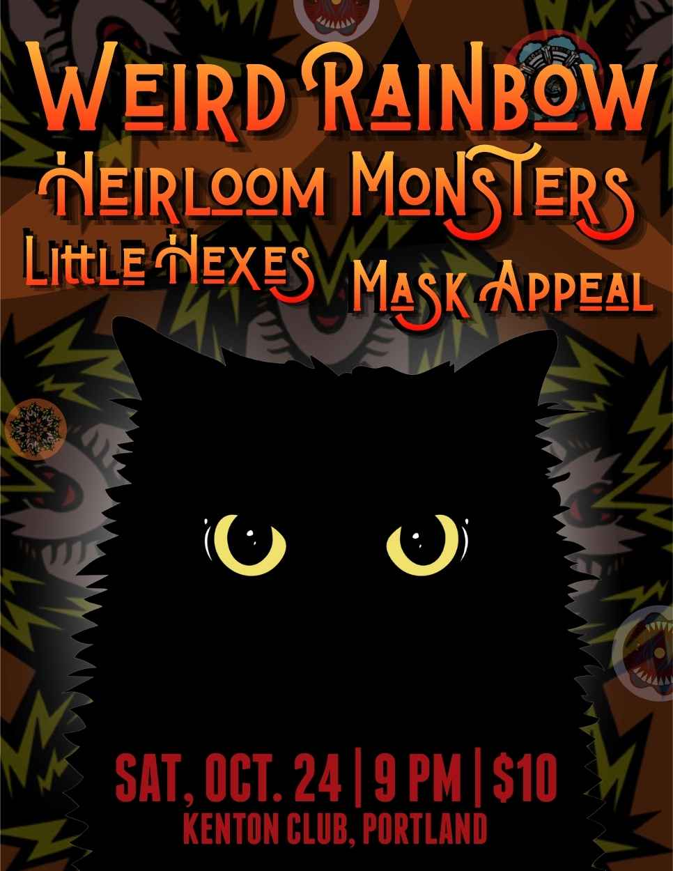 Little Hexes Kenton Club(8.5 x 11 in) Poster art of a black cat in silhouette with yellow eyes
