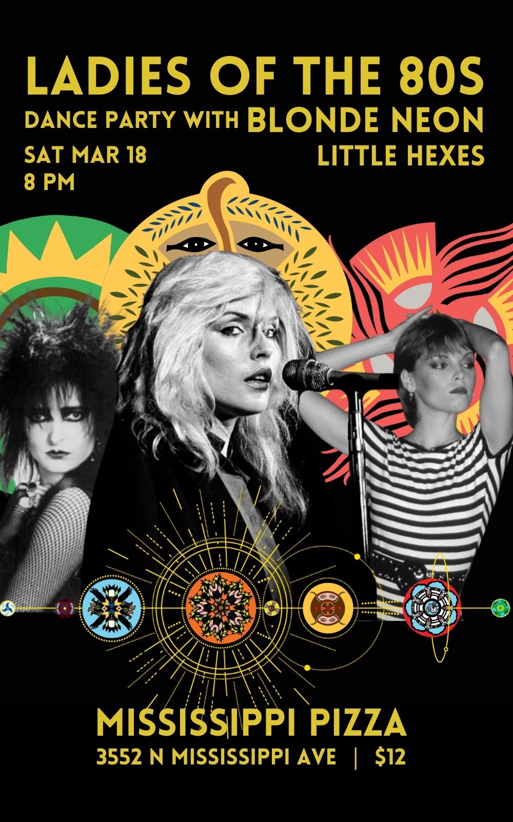 Little hexes and Blonde Neon present ladies of the 80s dance party. Images of 80s icons and hex signs.